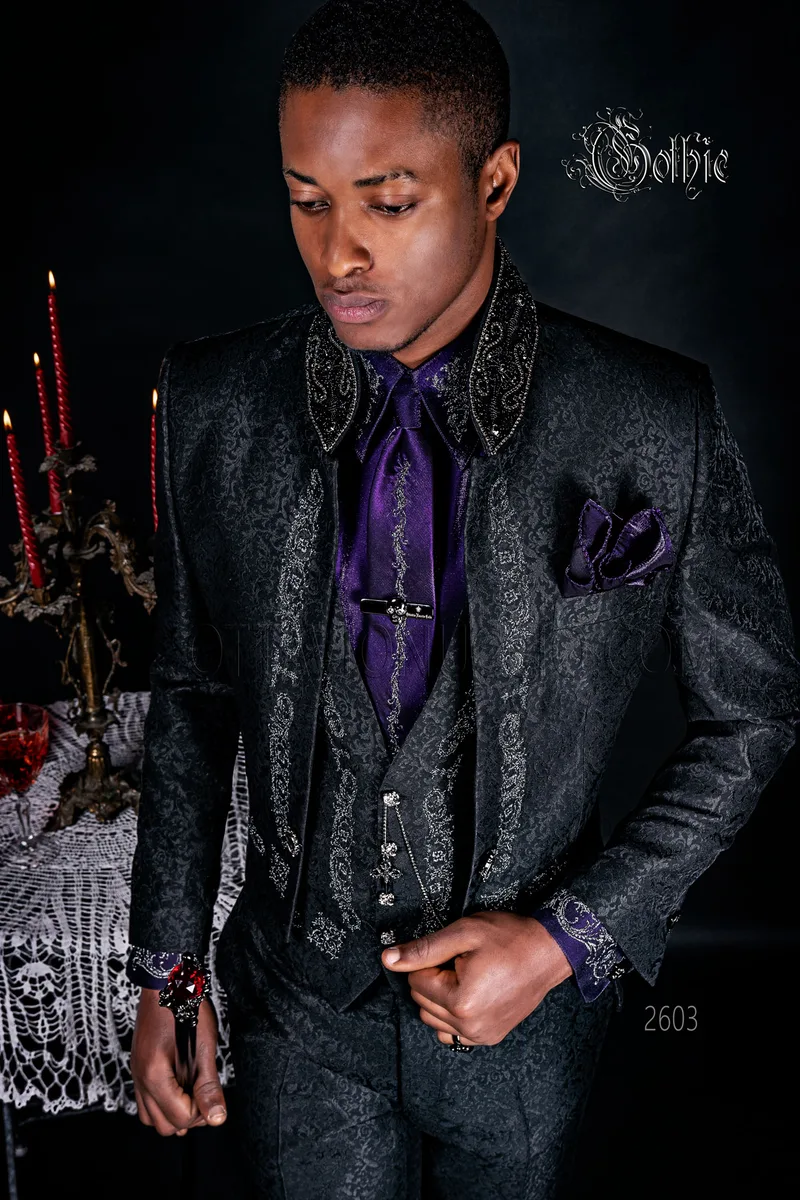 Gothic tailcoat men's in black brocade embroidered black silver 1