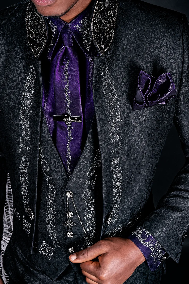 Gothic tailcoat men's in black brocade embroidered black silver 2