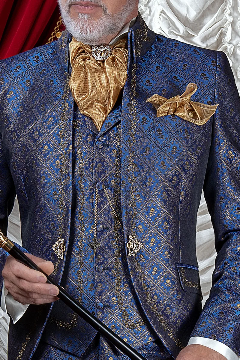Gilet broccato blu e oro con ricamo oro