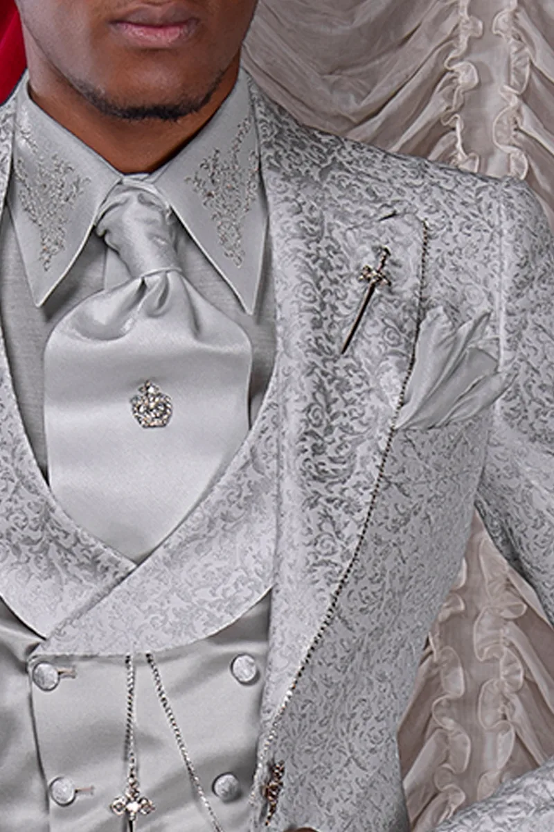 Cravattone d'annodare e fazzoletto in lurex grigio perla