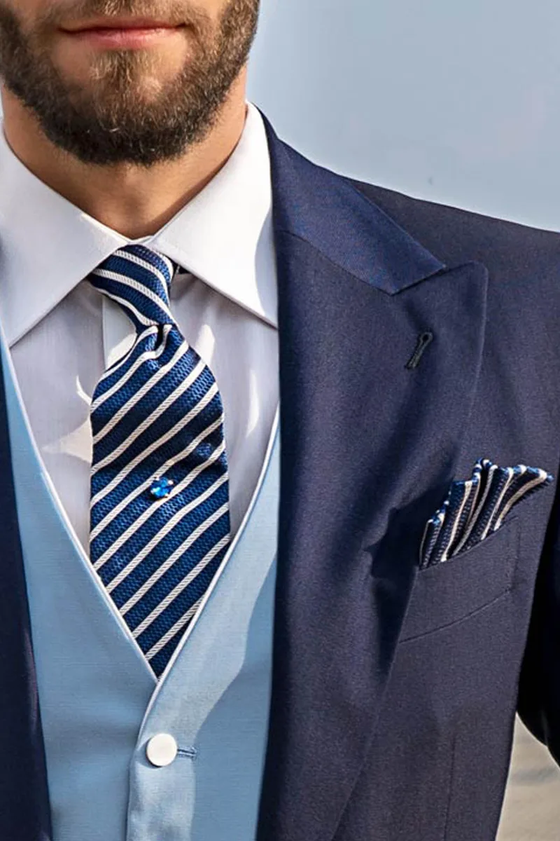 Cravatta e Fazzoletto in seta con righe blu royal e grigio