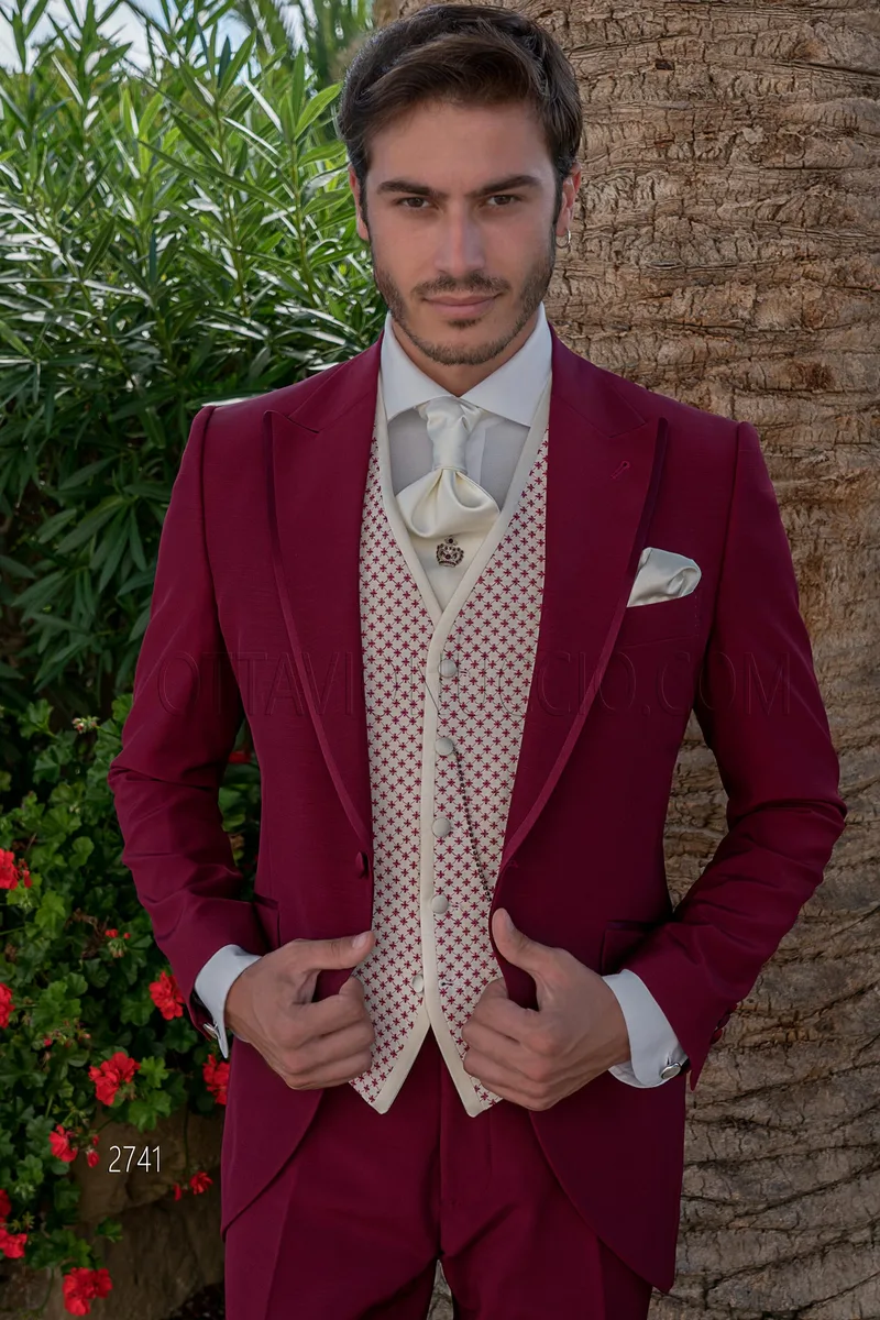 Burgundy Italian tailored fit wedding suit for groom 1