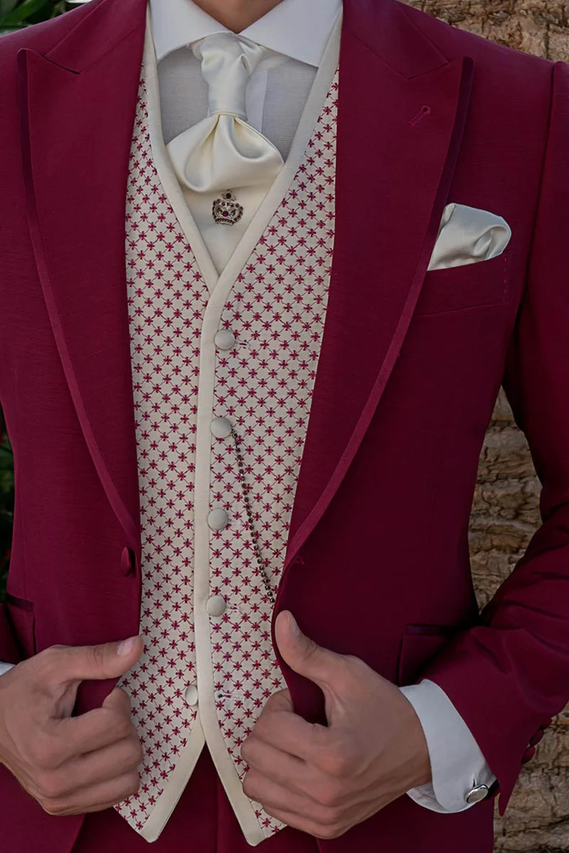 White wool blend 5-button waistcoat with fuchsia embroidery