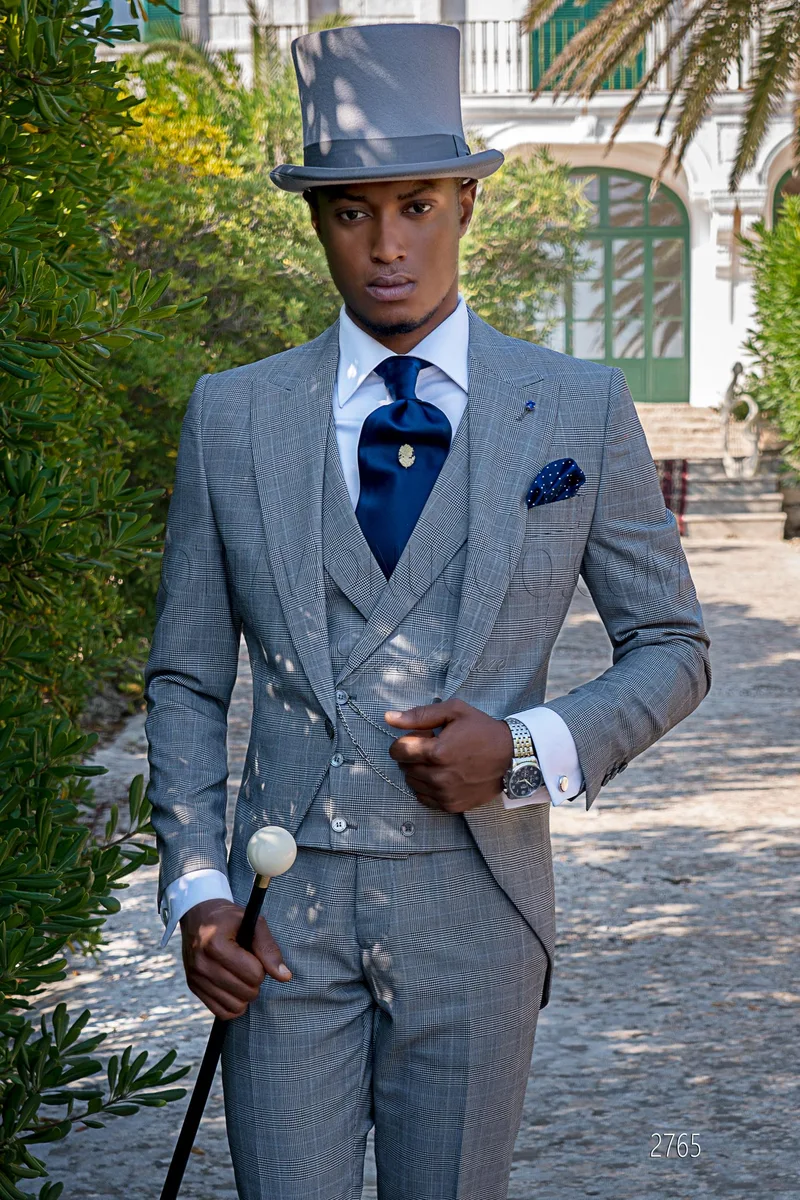 Gray Prince of Wales light blue check vintage morning suit for groom – pa