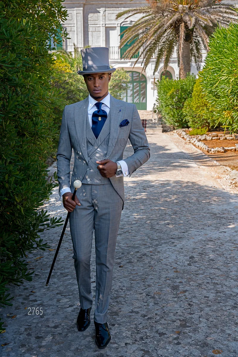 Gray Prince of Wales light blue check vintage morning suit for groom – fi