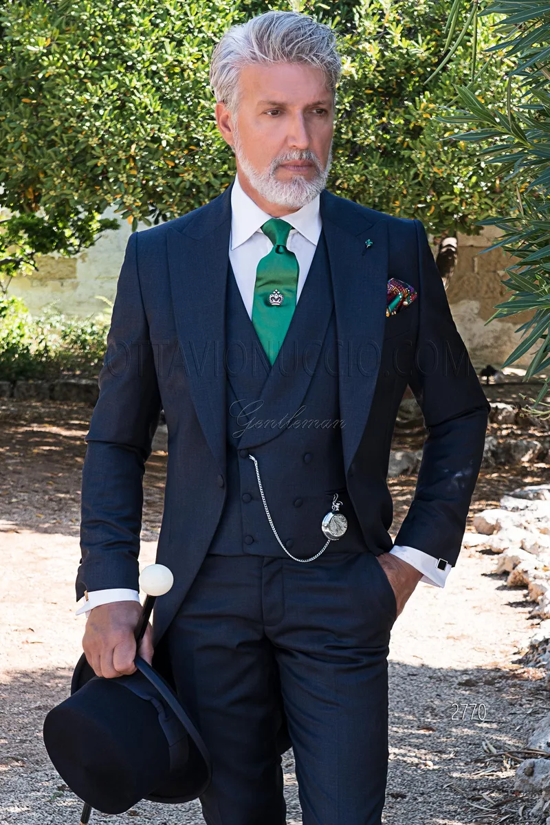 Pure wool navy blue Fil à Fil tailored fit Italian morning suit for wedding – pa