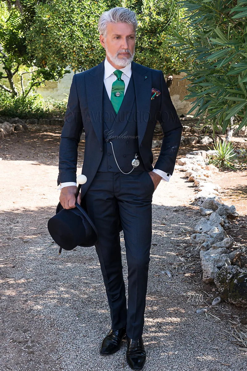 Pure wool navy blue Fil à Fil tailored fit Italian morning suit for wedding – fi