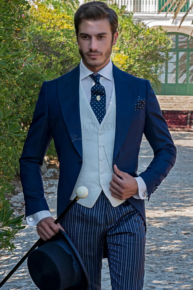 Blue tailored fit morning coat with blue striped morning suit pants – pa