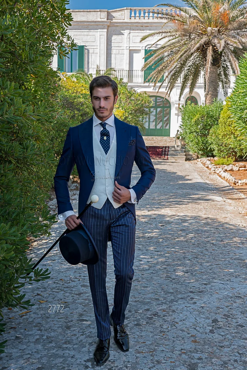 Blue tailored fit morning coat with blue striped morning suit pants – pi