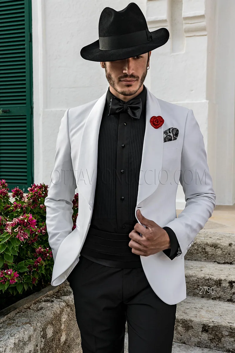 White tailored fit shawl collar Dinner Jacket and black pants 1