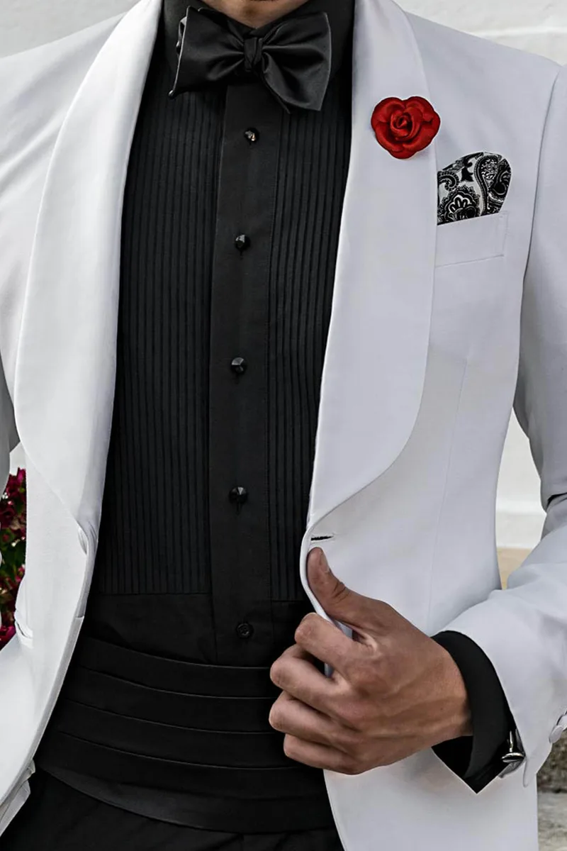 White tailored fit shawl collar Dinner Jacket and black pants 2
