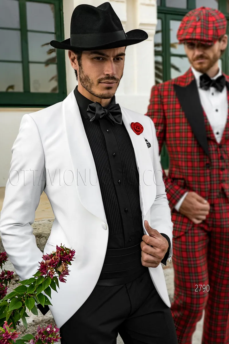 White tailored fit shawl collar Dinner Jacket and black pants 3