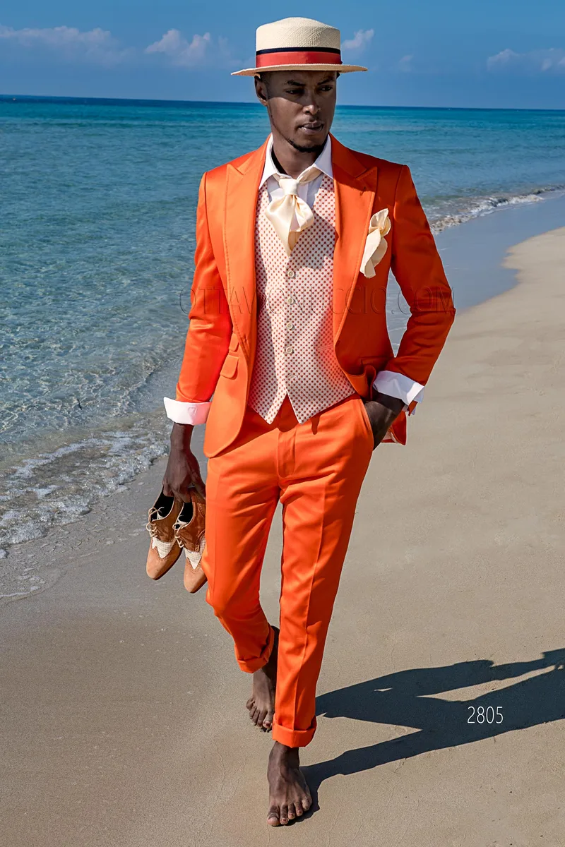 Costume homme de mariée en coton orange, pour un mariage à la plage – fi