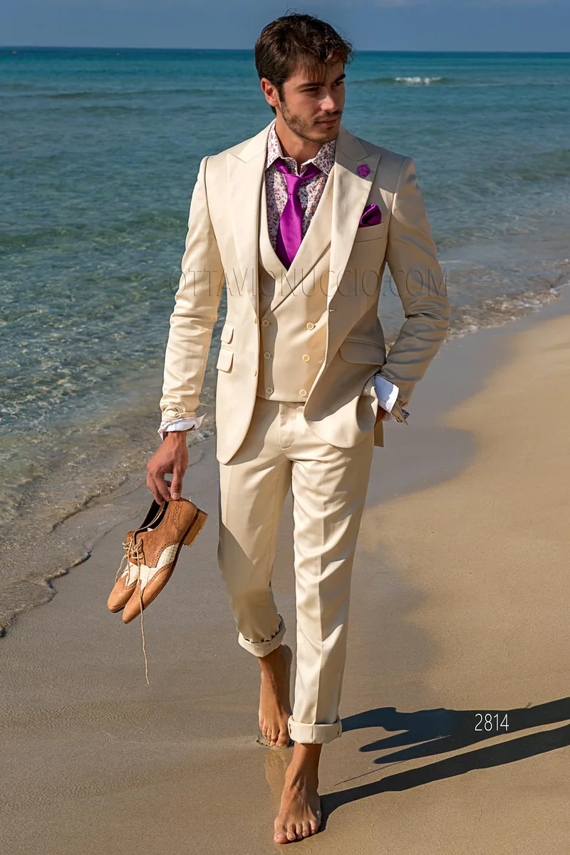 Reiner Baumwolle beige vintage Stil Hochzeitsanzug für Bräutigam 1