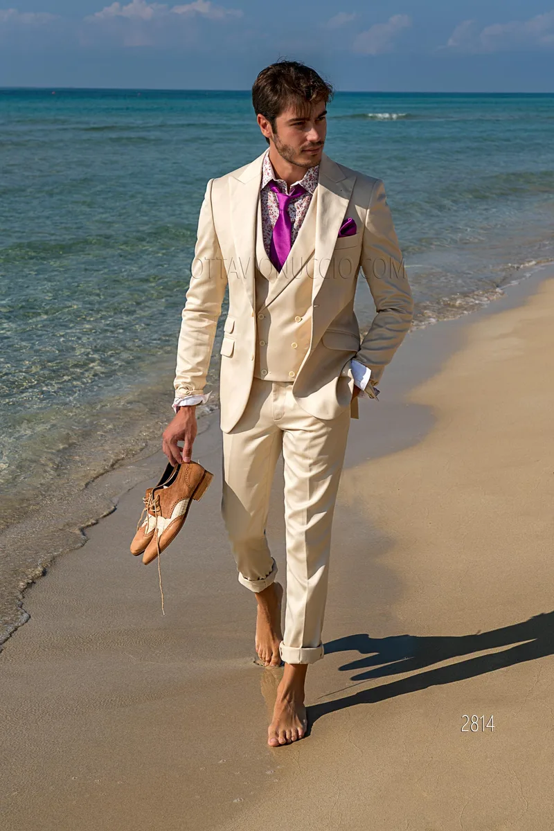 Reiner Baumwolle beige vintage Stil Hochzeitsanzug für Bräutigam 4