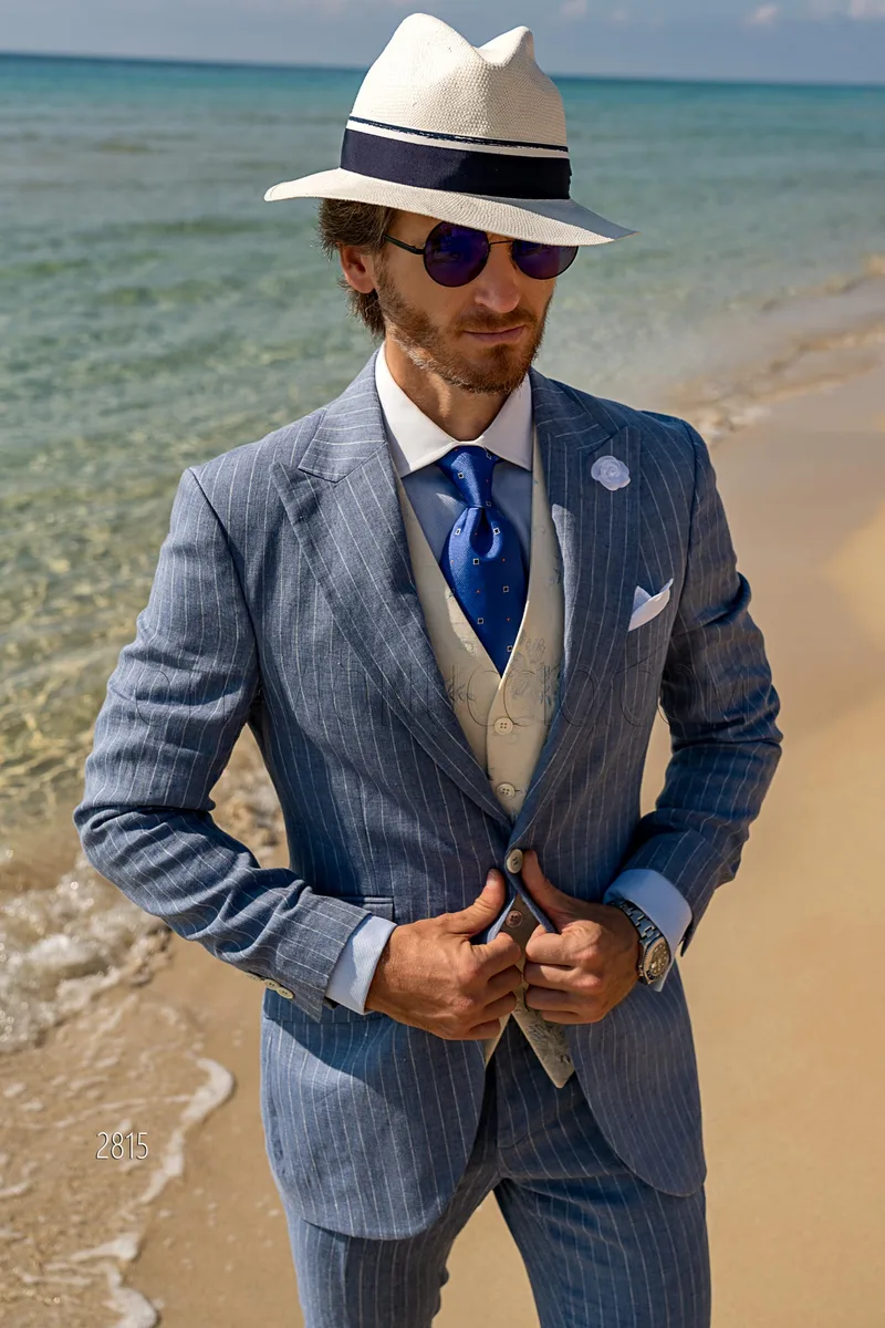 Pure linen light blue pinstripe vintage tailored fit suit for men 1