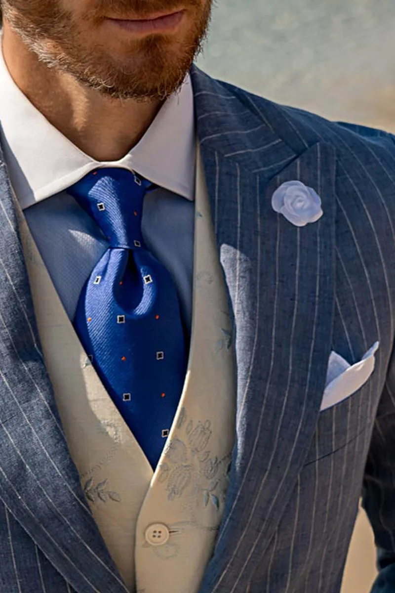 Pure linen light blue pinstripe vintage tailored fit suit for men 3