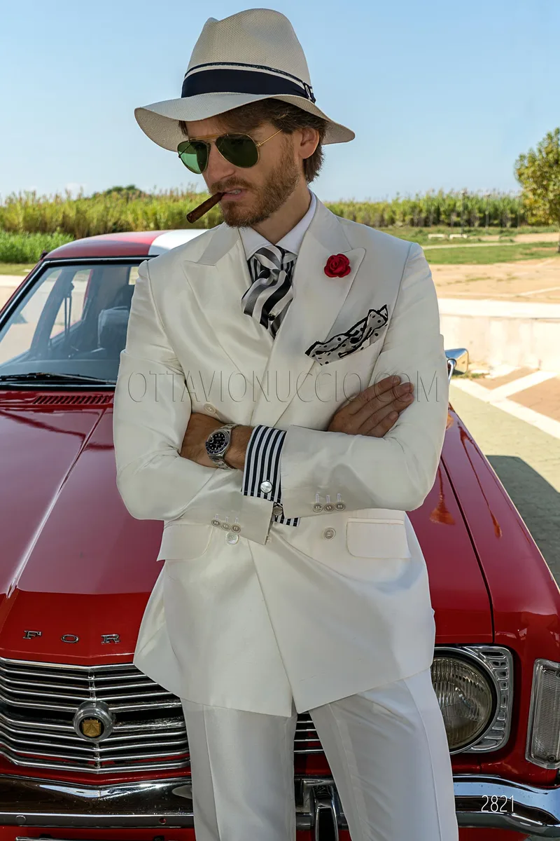 Traje cruzado blanco vintage shantung mixto seda 1