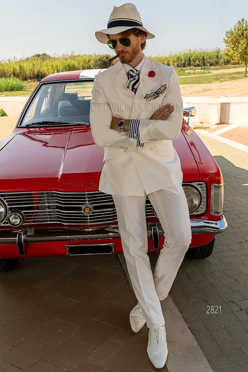 Traje cruzado blanco vintage shantung mixto seda 2