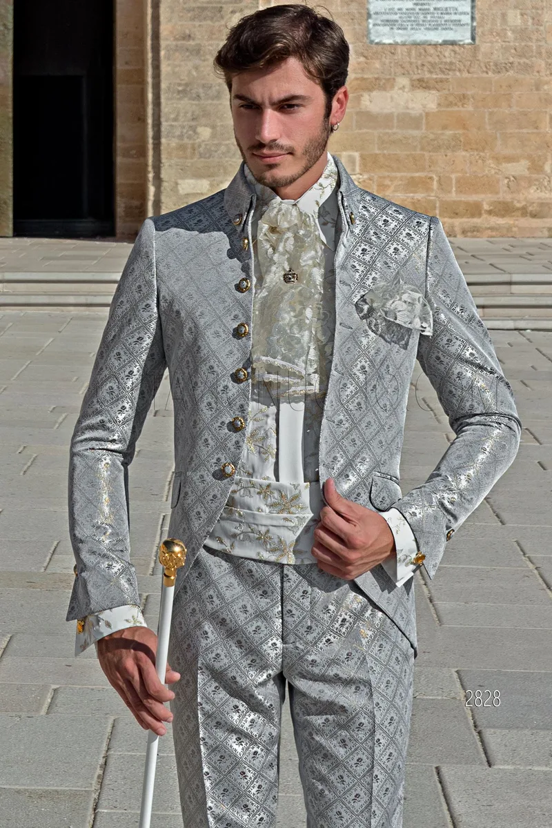 Perlgraue Brokat Barock Stil Gehrock Hochzeitsanzug für Bräutigam 2