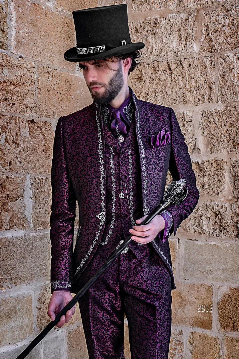 Gothic high fashion purple brocade silver embroidered frock coat groom suit – pa
