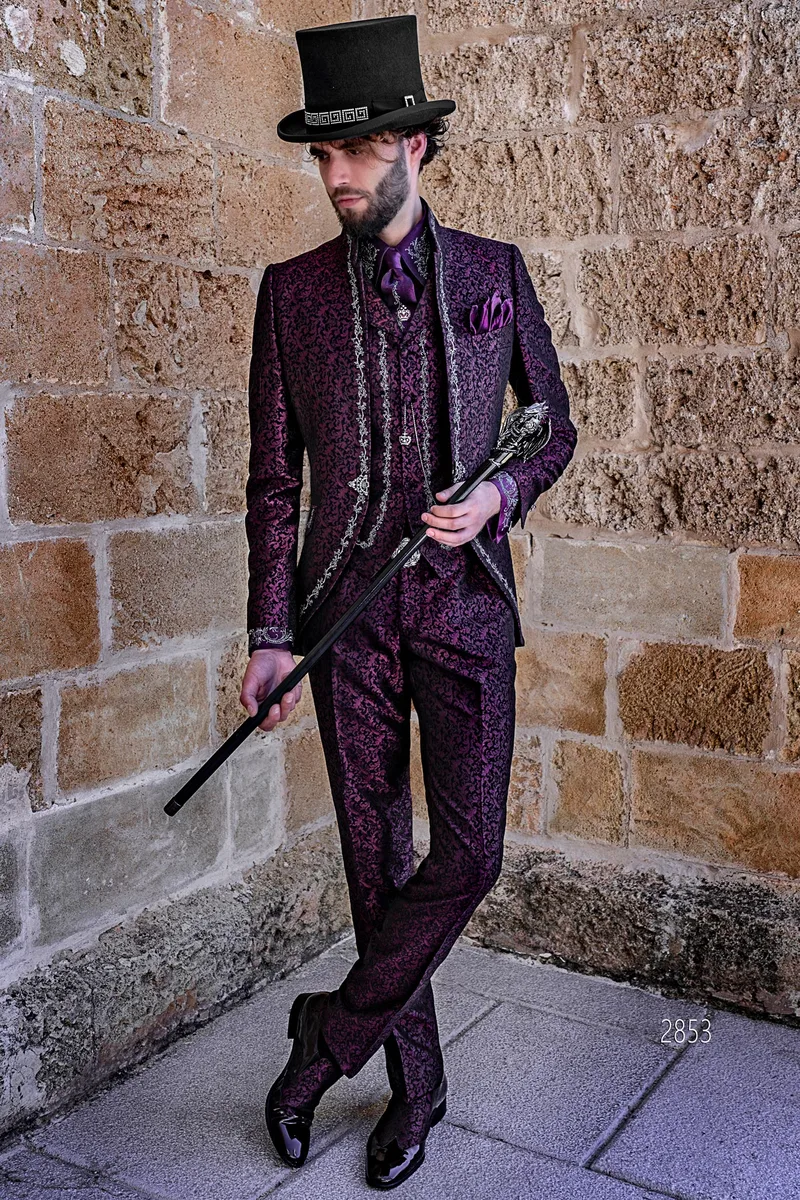 Gothic high fashion purple brocade silver embroidered frock coat groom suit – fi