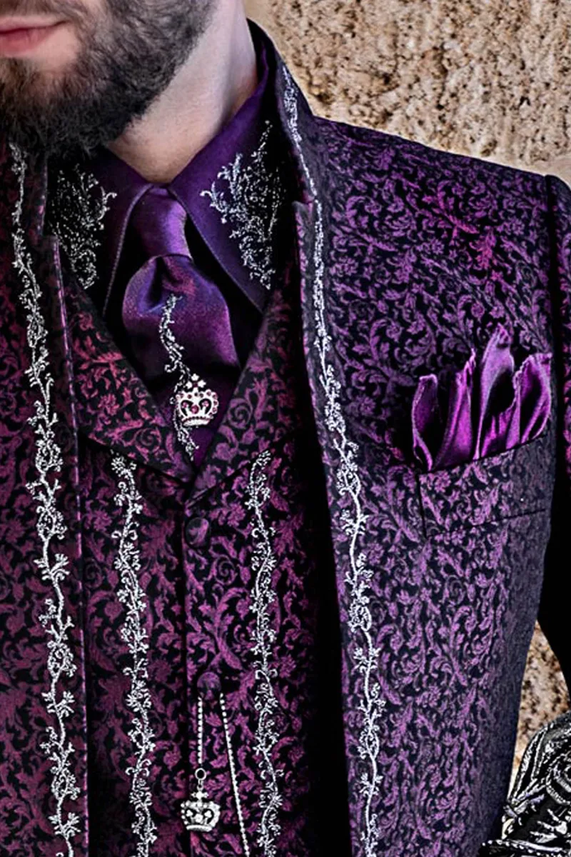 Gothic high fashion purple brocade silver embroidered frock coat groom suit 3