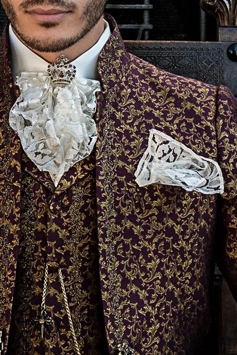 Burgund und golden Brokat Barock Gehrock Hochzeitsanzug mit golden Stickerei 3