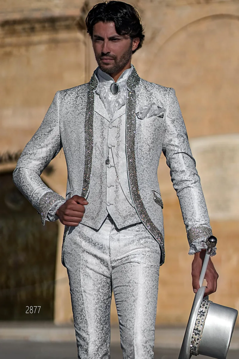 Redingote de marié style baroque de luxe brocart gris perle avec strass cristal – pa