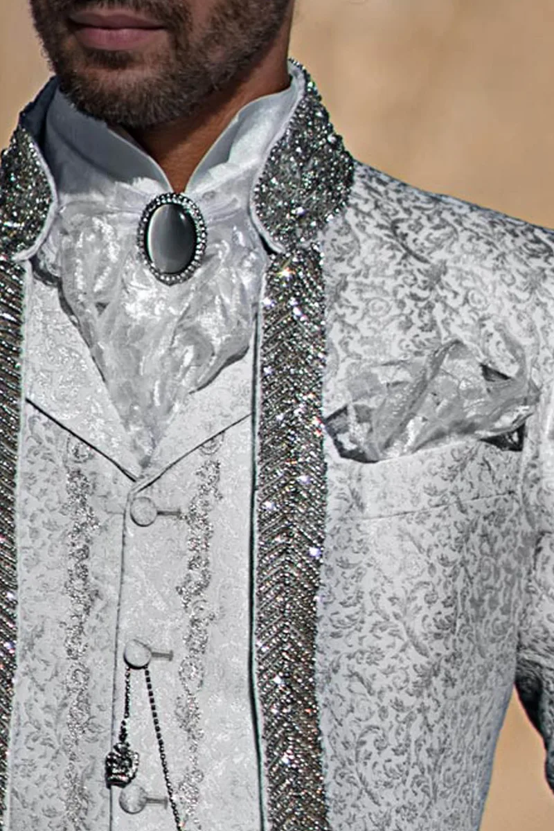 Redingote de marié style baroque de luxe brocart gris perle avec strass cristal 3