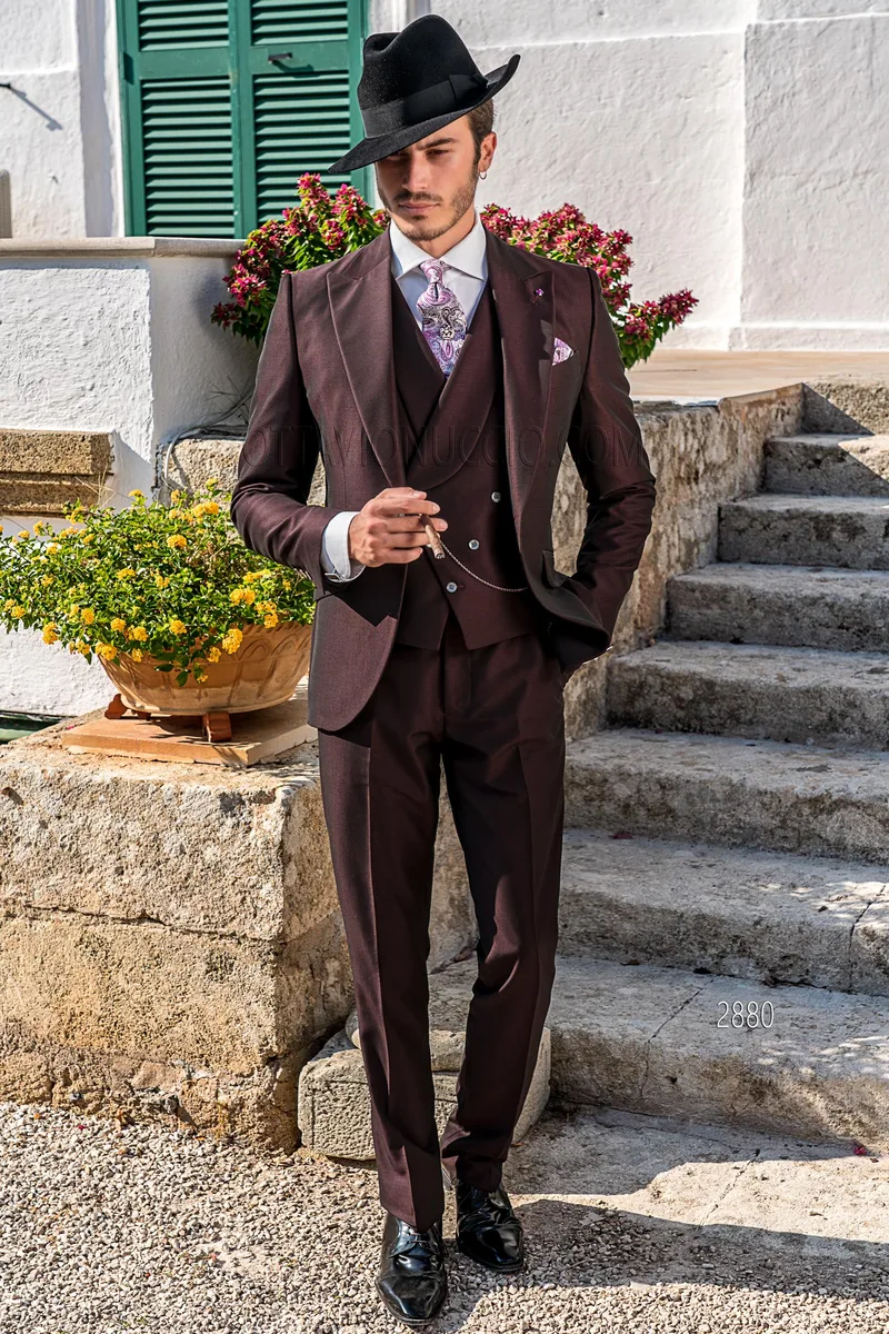 Costume de mariée vintage bourgogne 3 pièces pour hommes – fi