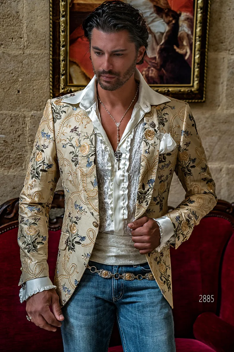 Elfenbein Shantung Seide Blume bestickte Schalkragen Party Blazer Sakko 1
