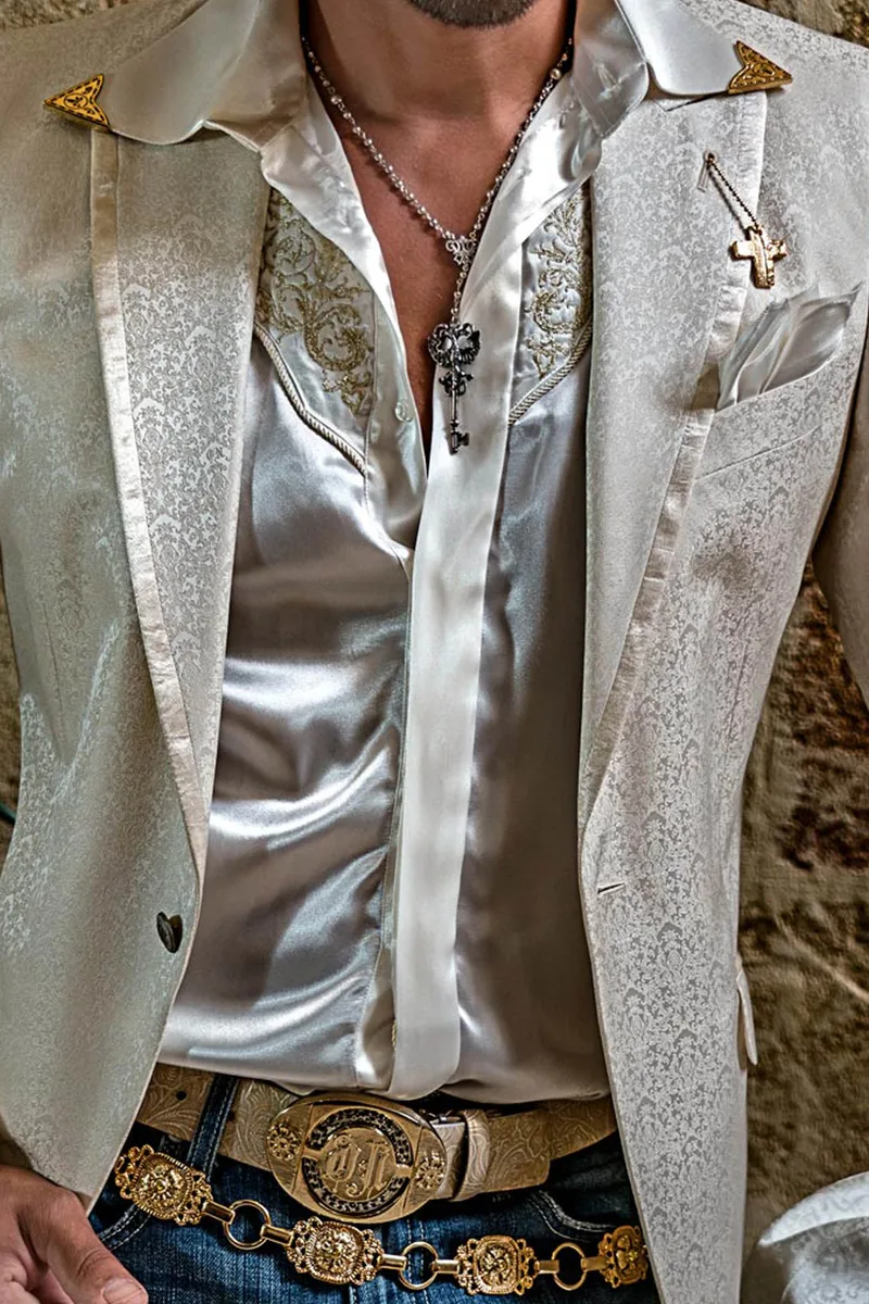 Camisa de raso marfil con bordado dorado