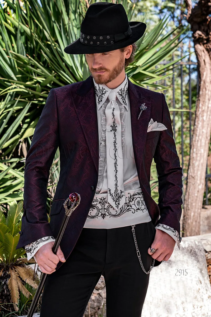 Schwarz und burgund Jacquard Party Blazer Sakko mit schwarze Hose 1