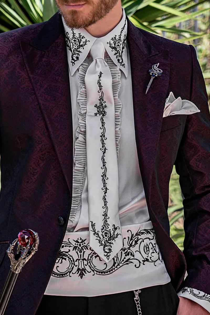 Schwarz und burgund Jacquard Party Blazer Sakko mit schwarze Hose 2