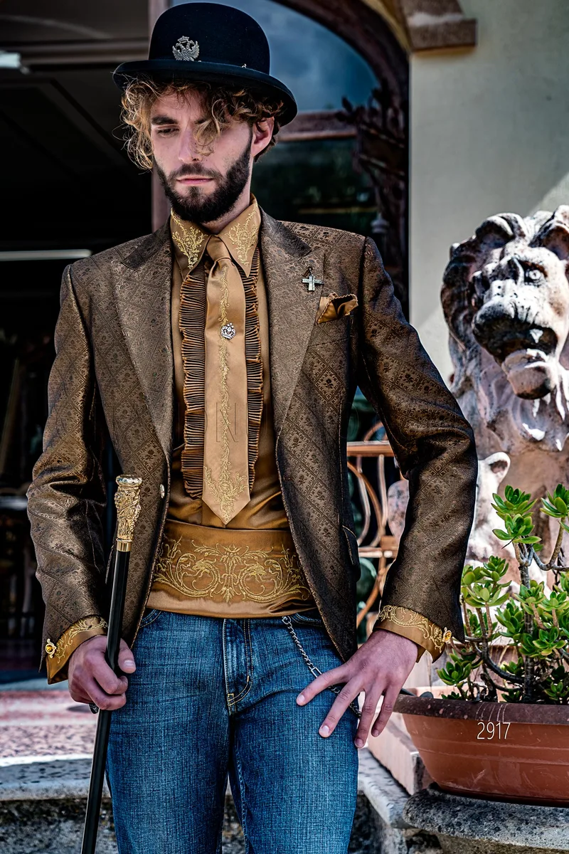 Golden Brokat steigendes Revers Party Herren Mode Blazer Sakko 1
