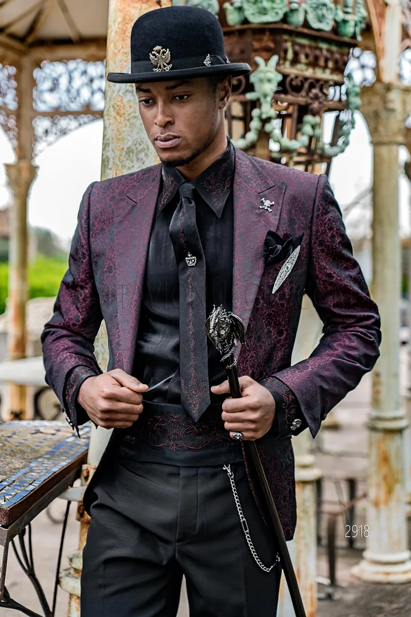 Burgundy and black jacquard party blazer jacket with black pants 1
