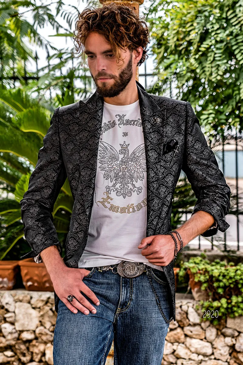 Grey Jacquard peaked lapels party fashion blazer jacket for men 1