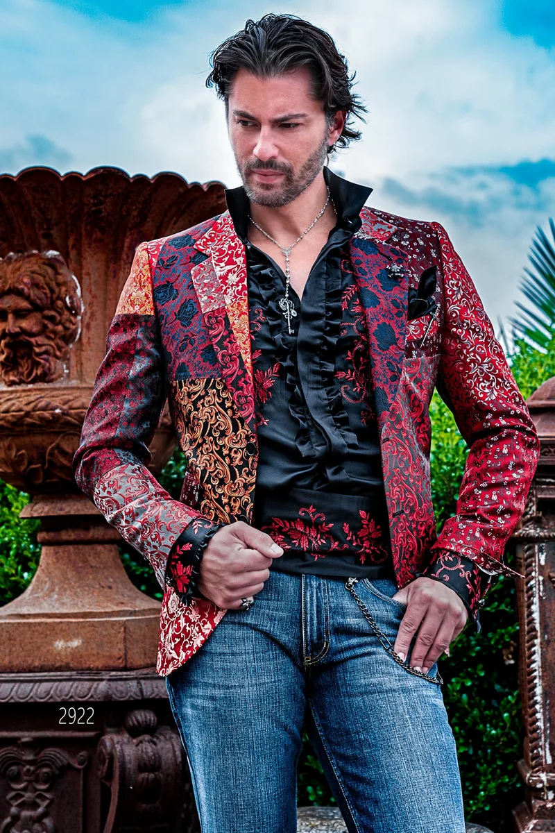 Blazer de fiesta Patchwork en Jacquard de pura seda roja 1