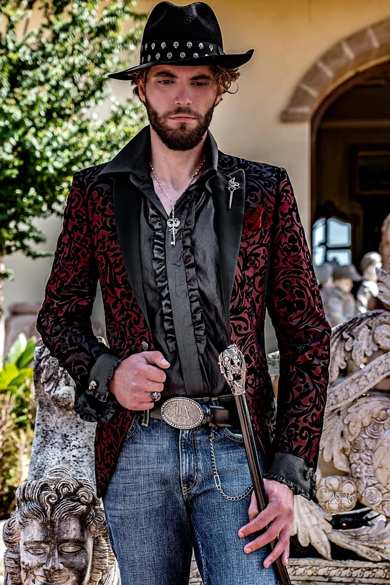 Black and red velvet floral brocade party fashion blazer for men 1