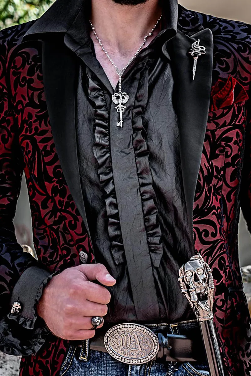 Black and red velvet floral brocade party fashion blazer for men 2