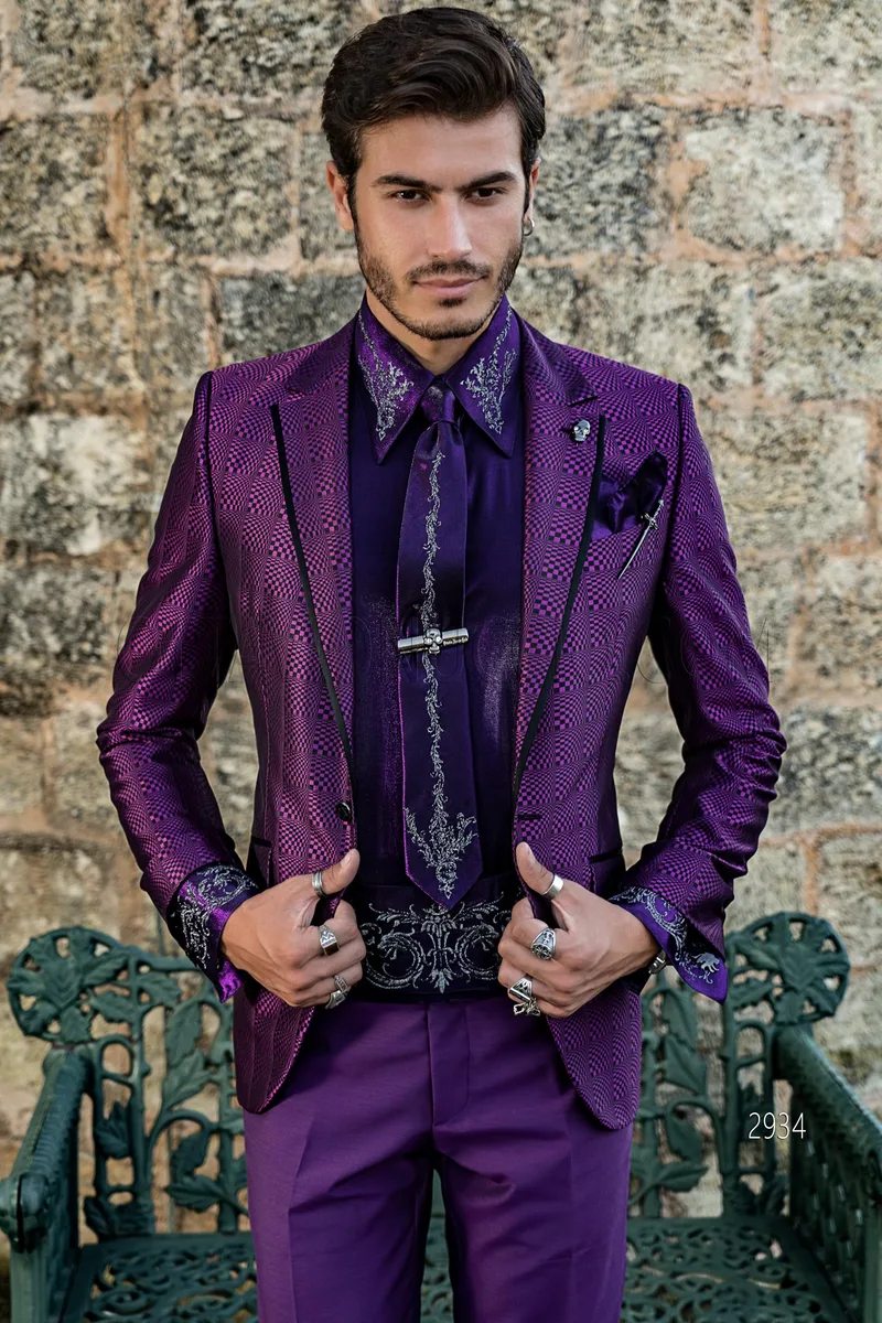 Black and purple optical check party blazer with matching purple trousers 1
