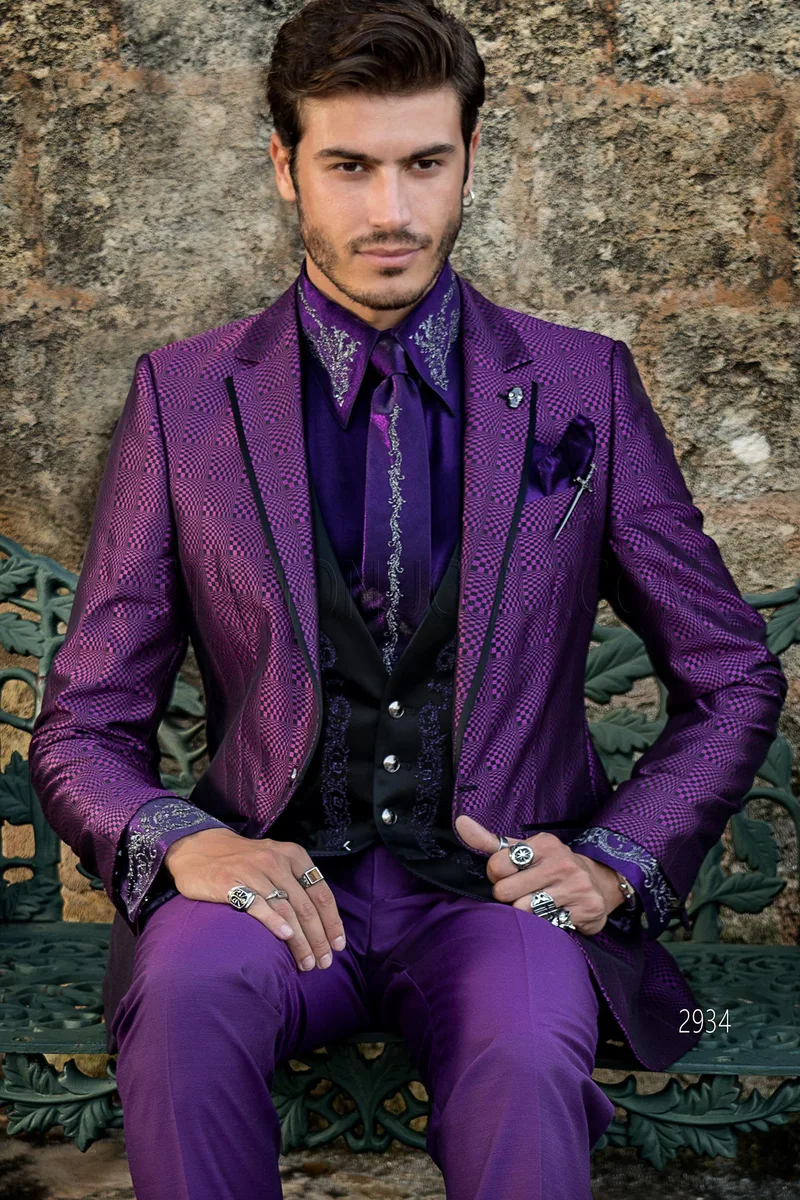 Black and purple optical check party blazer with matching purple trousers 2