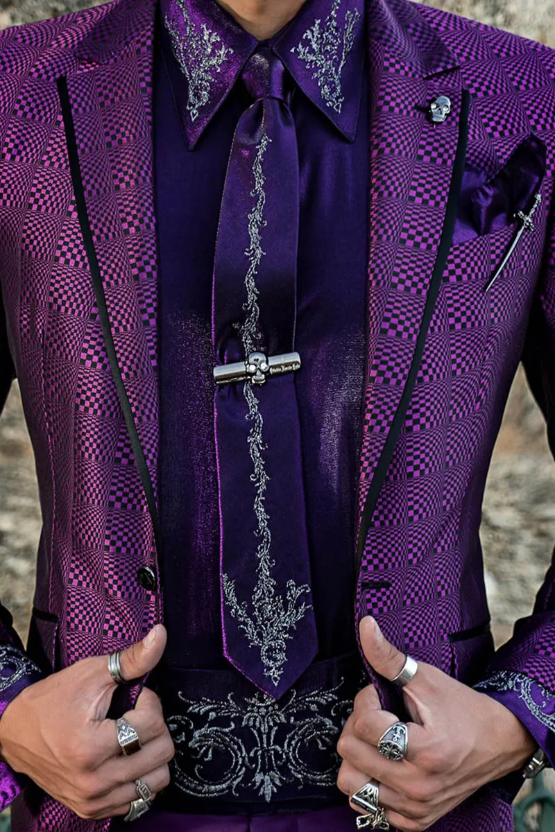 Black and purple optical check party blazer with matching purple trousers 3