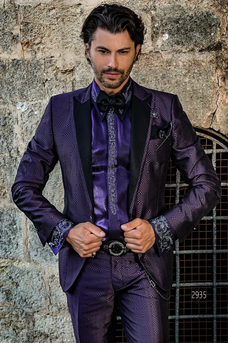 Black and purple optical check slim fit fashion peaked lapels suit for men 1