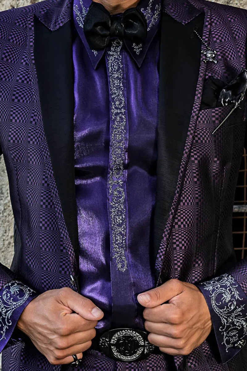 Black and purple optical check slim fit fashion peaked lapels suit for men 2