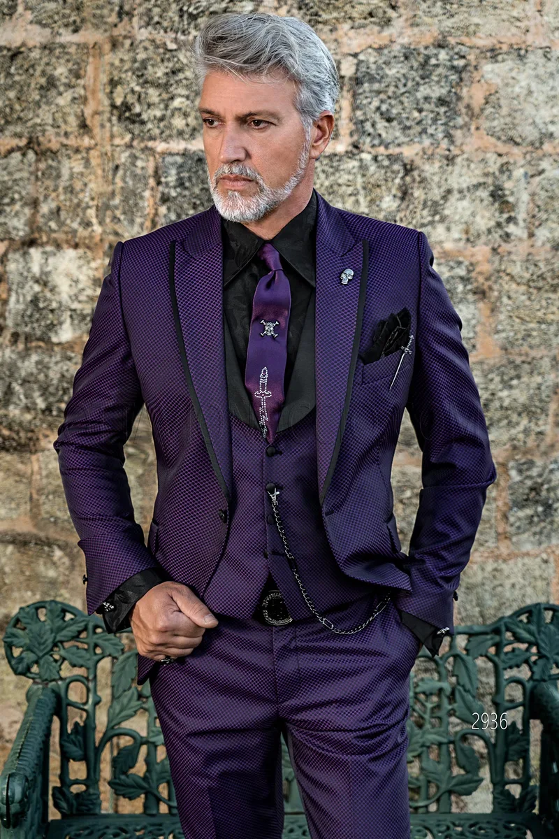 Black and purple fashion slim fit men suit with matching waistcoat 1