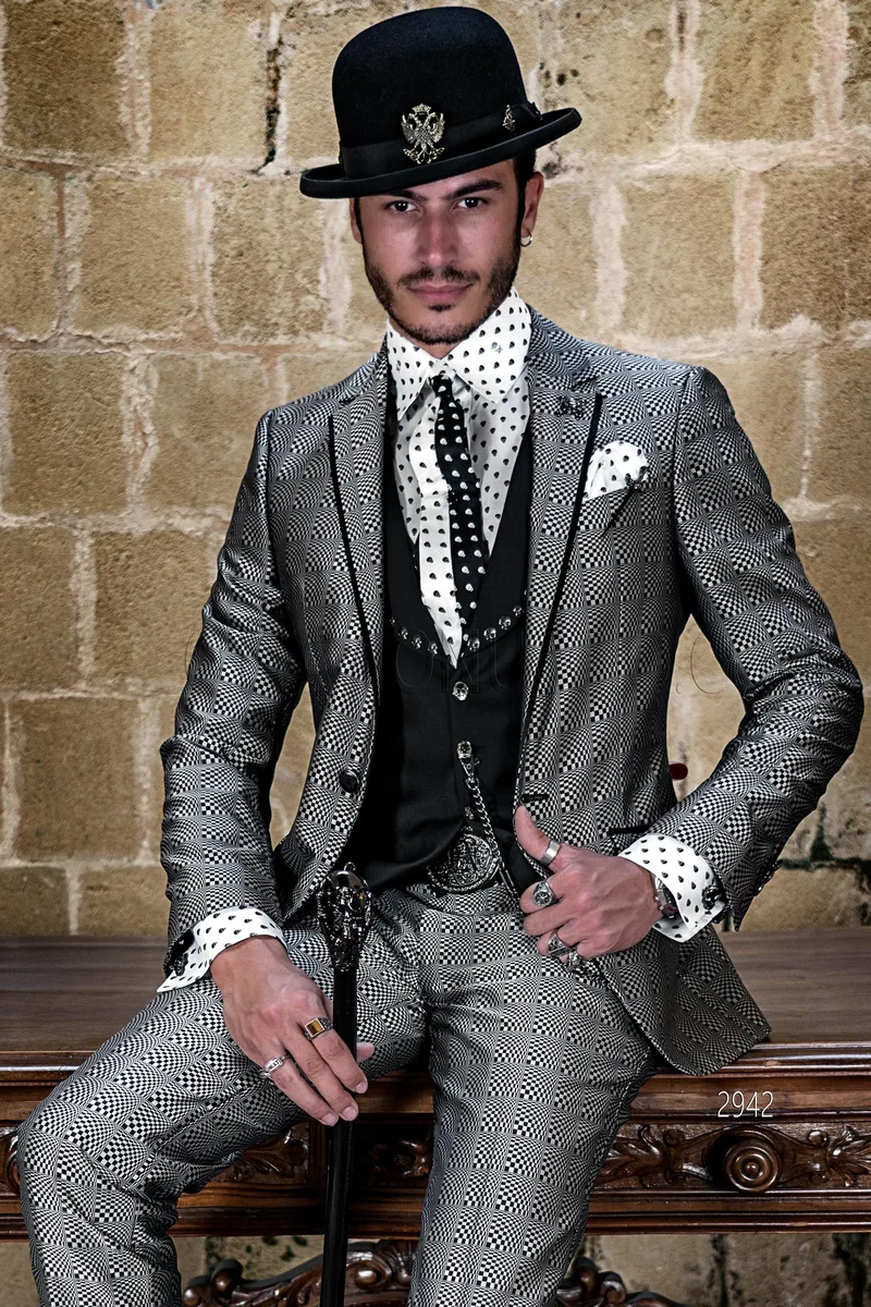 Schwarz und weiß Optical Check slim fit Herrenmode Anzug 3