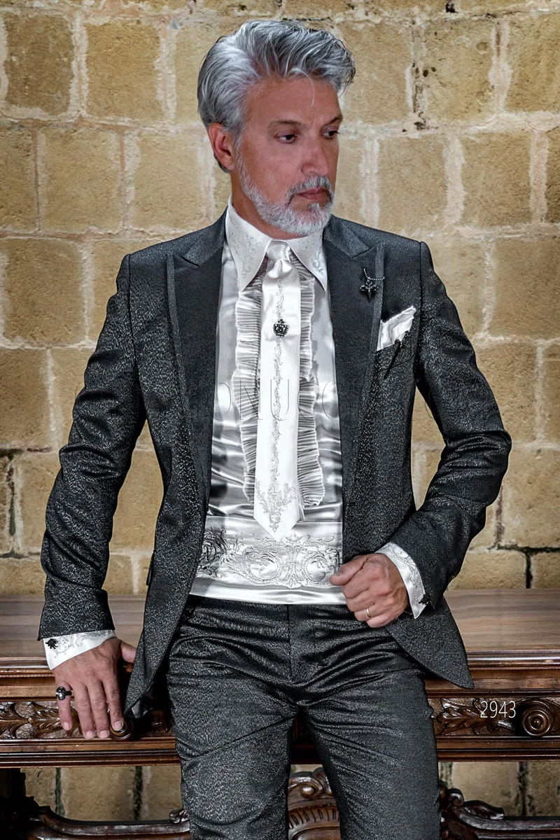 Costume haute couture homme noir lamè gothique avec gilet assorti 2