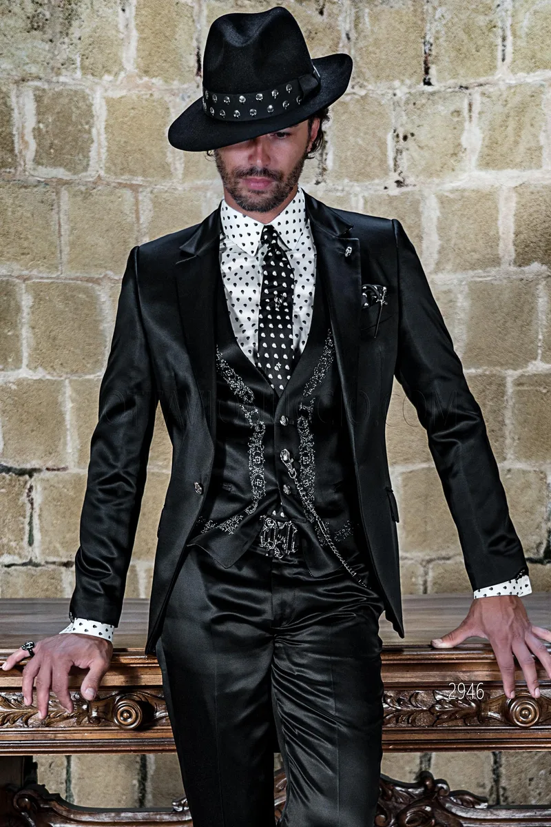 Schwarze slim fit Gothic Mode Anzug mit silber bestickte Drachen Weste – pa